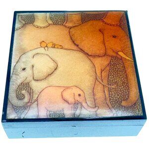 Pastel Elephant Trinket Box  Baby Elephants & Birds 2" Square Plastic
